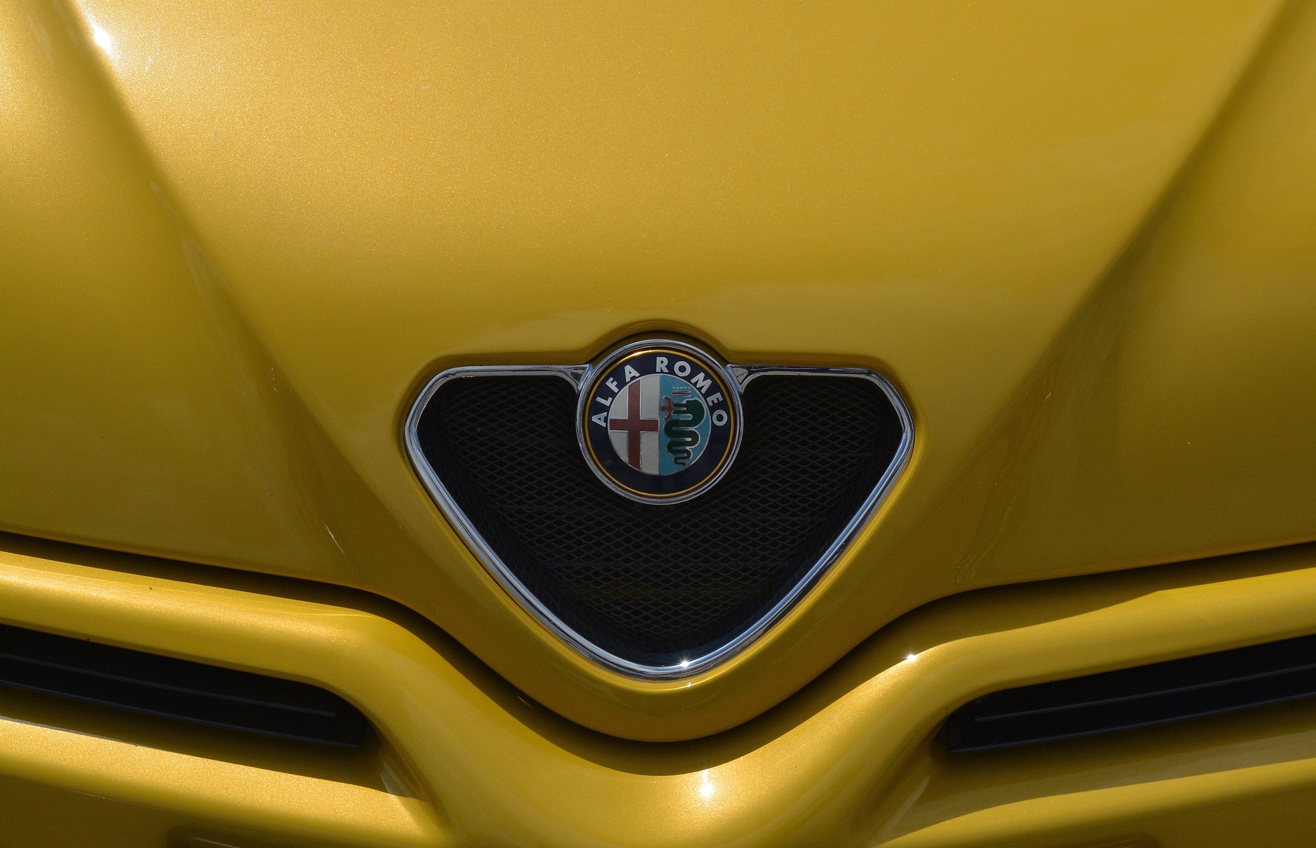 The front end of an Alfa Romeo vehicle, logo prominently displayed.